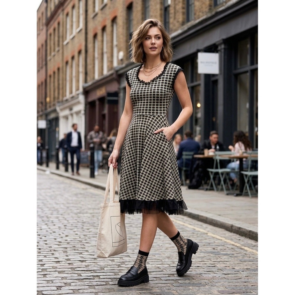 Effies Heart Geometric Dot Fit Flare Dress Black Grey Lace Tulle Hem XS Pocket